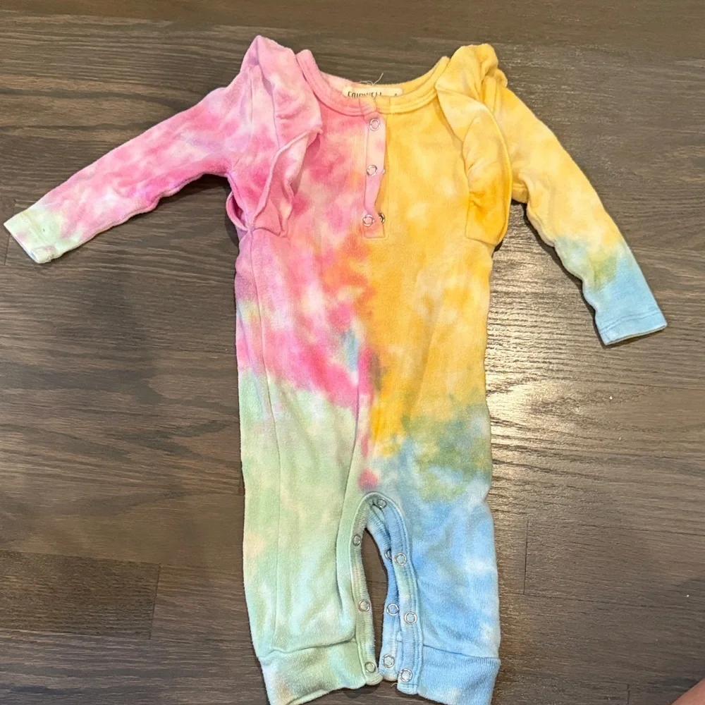 Fairwell Tie-Dye Knit Ruffle Baby Jumpsuit in Pink, Yellow, and Blue - Picture 1 of 3